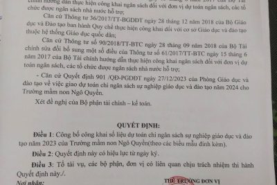 Trường MN Ngô Quyền công khai quyết định dự toán chi ngân sách sự nghiệp giáo dục và đào tạo năm 2024.